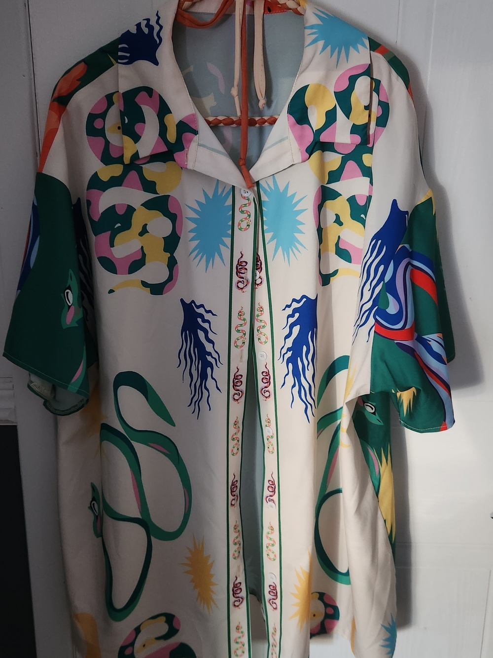 Printed Silk-Blend Like Womans Shirt And Short in Cream and Green